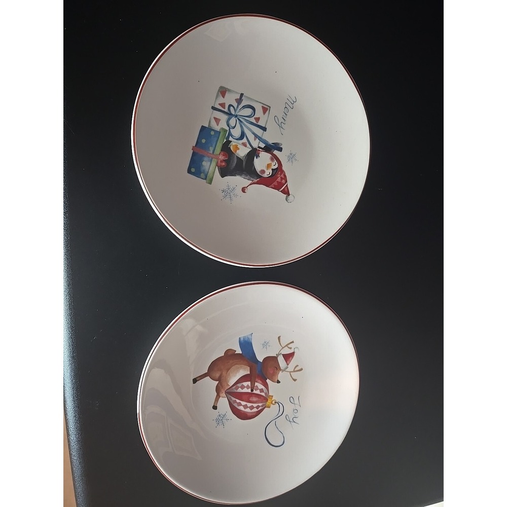 2 Pier 1‎ Ironstone CHRISTMAS APPETIZER PLATES Reindeer Penguin